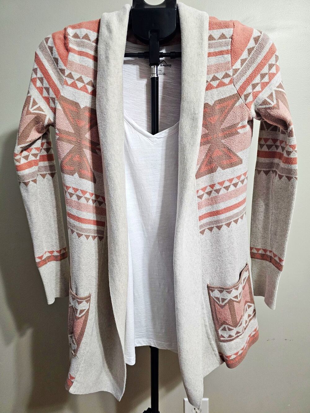 YES LOLA Women's Aztec Cardigan Sweater Sz M Pink Gray Southwestern Knit Cotton
